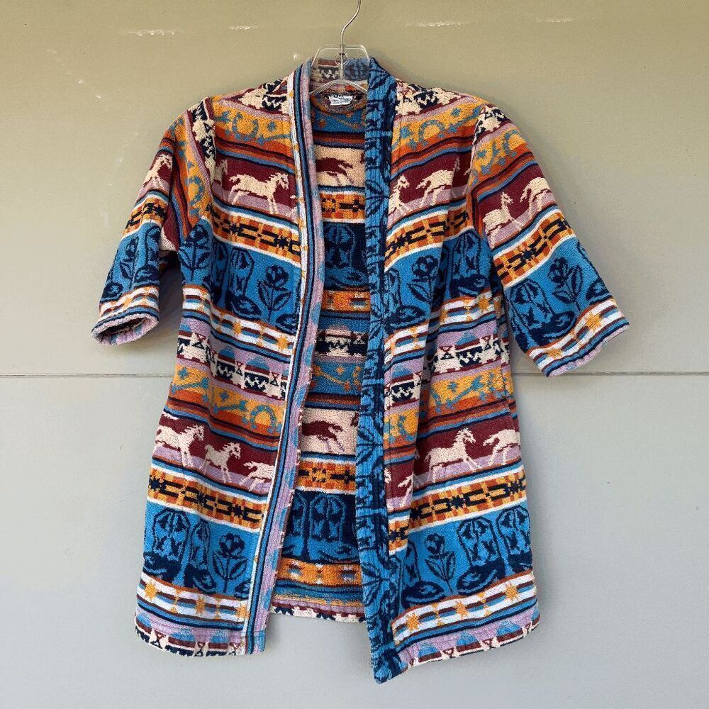VTG J by Monarch Kids Terrycloth Robe Southwest Horse Print Made in USA Cotton